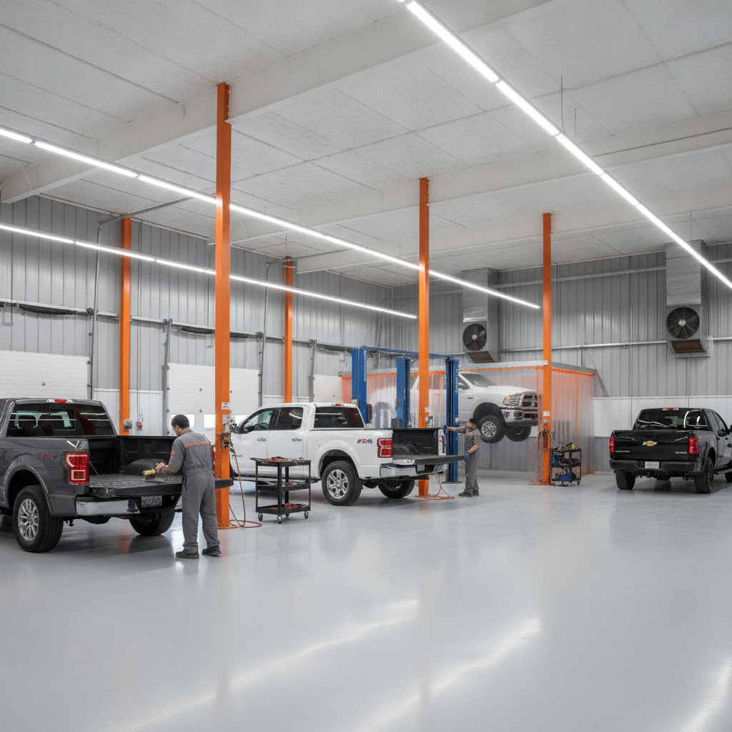 Modern spray-on bedliner and protective coating shop with pickup trucks in service bays